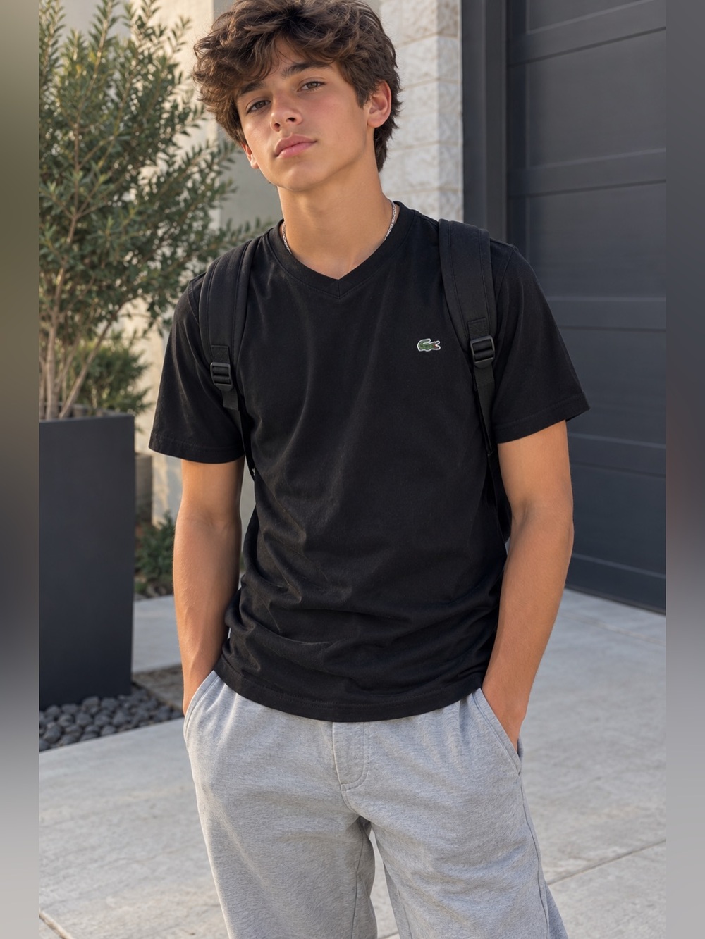 Boys, Lacoste Black Short Sleeve Crew Neck T-Shirt with Green Crocodile size 16